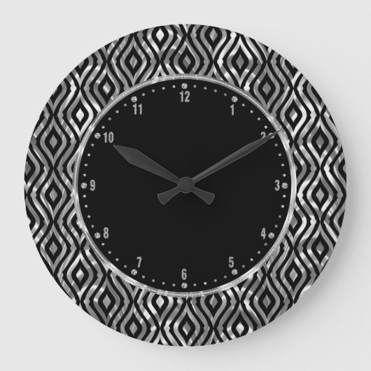 Metallic Silver & Black Teardrops Geometrics Große Wanduhr (Vorderseite)