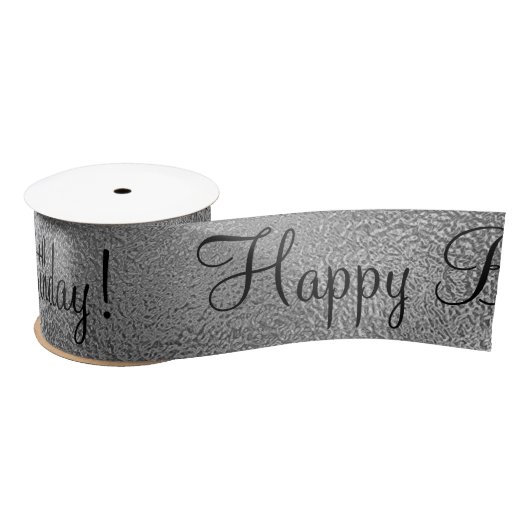 Metallic Silver Happy Birthday Script Modern Satin Satinband (Spule)