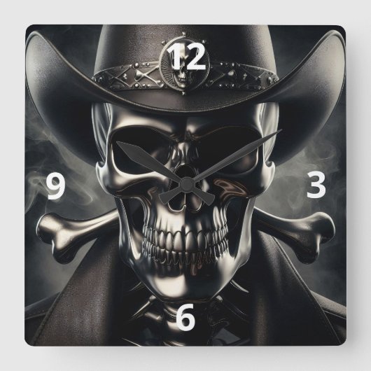 Metallic Skull Cowboy Wall Clock Quadratische Wanduhr (Vorderseite)