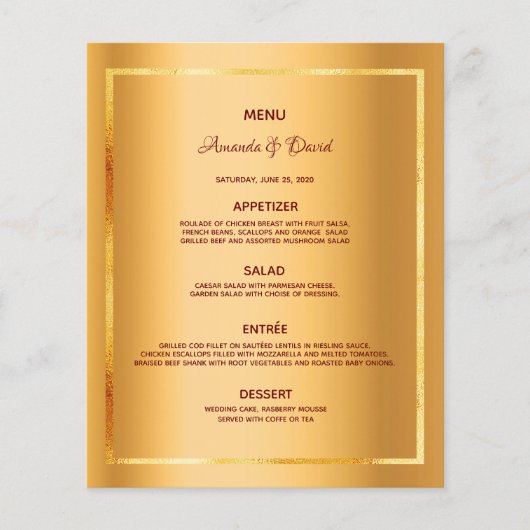 Metallicvergoldete Verglasung mit Hochzeitmenü (Vorderseite)