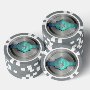 Metallisch Blau Grün Stahl Trompe l’œil Monogramm  Pokerchips