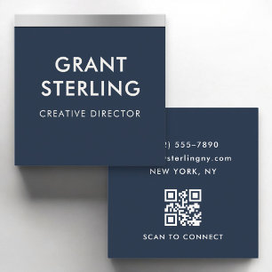 Metallisch Elegantes Navy Blau QR Code Professiona Quadratische Visitenkarte