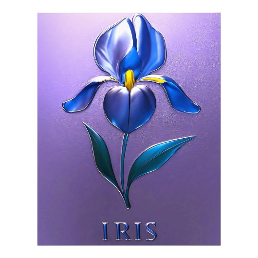 Metallisch Glänzende Blaue Irisblüte mit Text Fotodruck (Vorne)