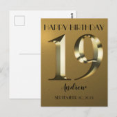 Metallisch goldener 19. Geburtstag Postkarte (Vorne/Hinten)