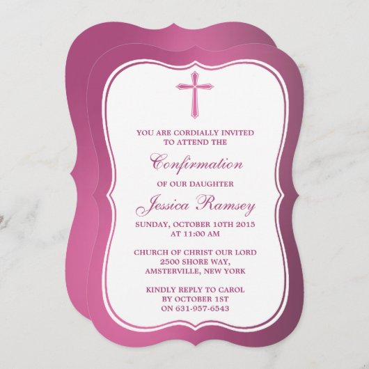 Metallisch rosa Kreuz Heilige Kommunion oder Bestä Einladung (Vorne/Hinten)