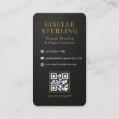 Metallisch schwarzes weißes Gold-Monogramm-QR-Code Visitenkarte (Rückseite)