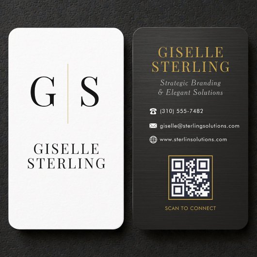Metallisch schwarzes weißes Gold-Monogramm-QR-Code Visitenkarte