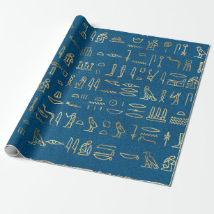 Metallische ägyptische Hieroglyphen auf blau Geschenkpapier