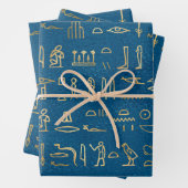 Metallische ägyptische Hieroglyphen auf blau Geschenkpapier Set (Beispiel)