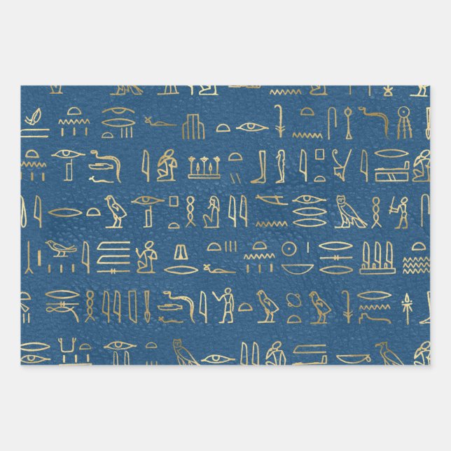 Metallische ägyptische Hieroglyphen auf blau Geschenkpapier Set (Vorderseite)