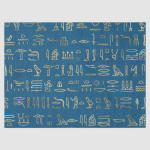 Metallische ägyptische Hieroglyphen auf blau Seidenpapier