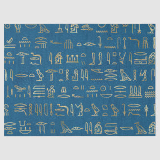 Metallische ägyptische Hieroglyphen auf blau Seidenpapier