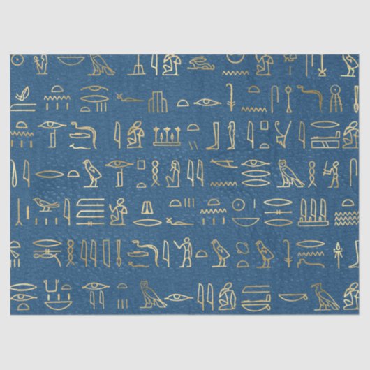 Metallische ägyptische Hieroglyphen auf blau Seidenpapier (Vorderseite)