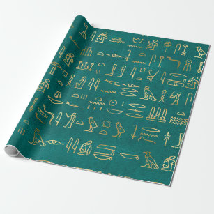 Metallische ägyptische Hieroglyphen auf Grün Geschenkpapier