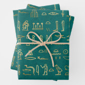 Metallische ägyptische Hieroglyphen auf Grün Geschenkpapier Set (Beispiel)