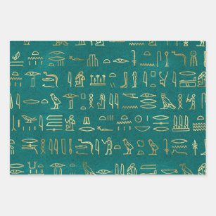 Metallische ägyptische Hieroglyphen auf Grün Geschenkpapier Set
