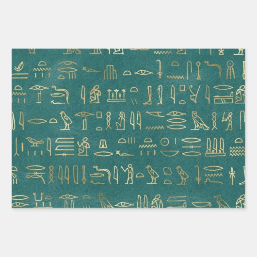 Metallische ägyptische Hieroglyphen auf Grün Geschenkpapier Set (Vorderseite)