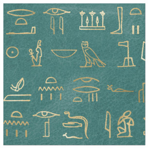 Metallische ägyptische Hieroglyphen auf Grün Stoff