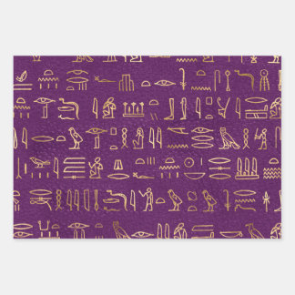 Metallische ägyptische Hieroglyphen auf Lila Geschenkpapier Set
