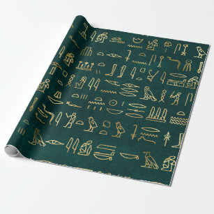 Metallische ägyptische Hieroglyphen auf Waldgrün Geschenkpapier
