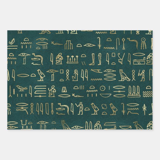 Metallische ägyptische Hieroglyphen auf Waldgrün Geschenkpapier Set (Vorderseite 2)