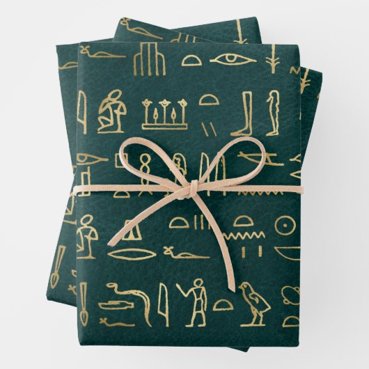 Metallische ägyptische Hieroglyphen auf Waldgrün Geschenkpapier Set (Beispiel)