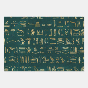 Metallische ägyptische Hieroglyphen auf Waldgrün Geschenkpapier Set