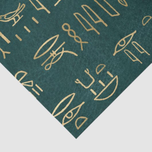 Metallische ägyptische Hieroglyphen auf Waldgrün Seidenpapier (Detail)