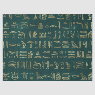 Metallische ägyptische Hieroglyphen auf Waldgrün Seidenpapier