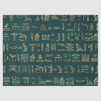Metallische ägyptische Hieroglyphen auf Waldgrün Seidenpapier