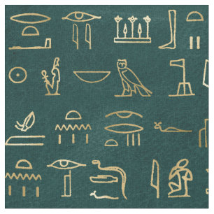 Metallische ägyptische Hieroglyphen auf Waldgrün Stoff