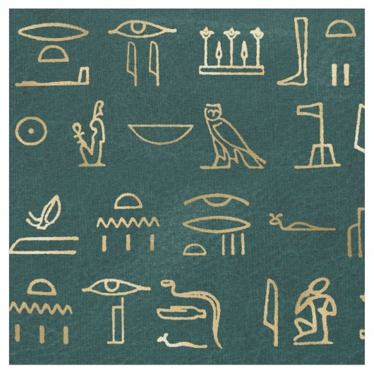 Metallische ägyptische Hieroglyphen auf Waldgrün Stoff (Nahaufnahme)
