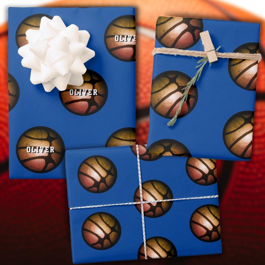 Metallische Basketball Ball Kinder Name Geburtstag Geschenkpapier Set