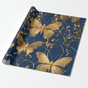 Metallische blaue Schmetterlinge mit Goldweinen Geschenkpapier