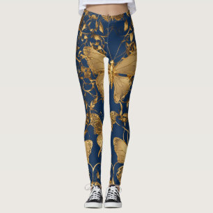 Metallische blaue Schmetterlinge mit Goldweinen Leggings