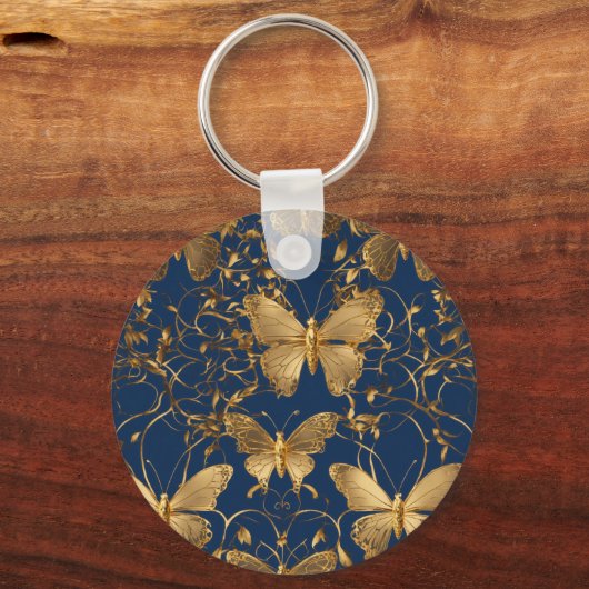 Metallische blaue Schmetterlinge mit Goldweinen Schlüsselanhänger (Vorderseite)