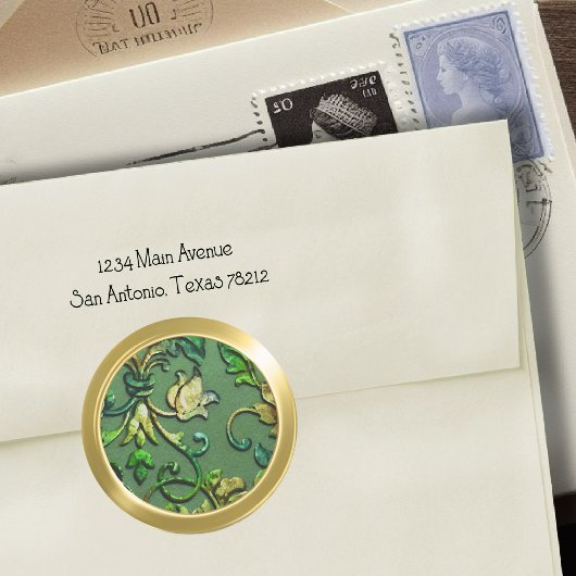 Metallische Embossed Look Damask in Grün und Gold Runder Aufkleber