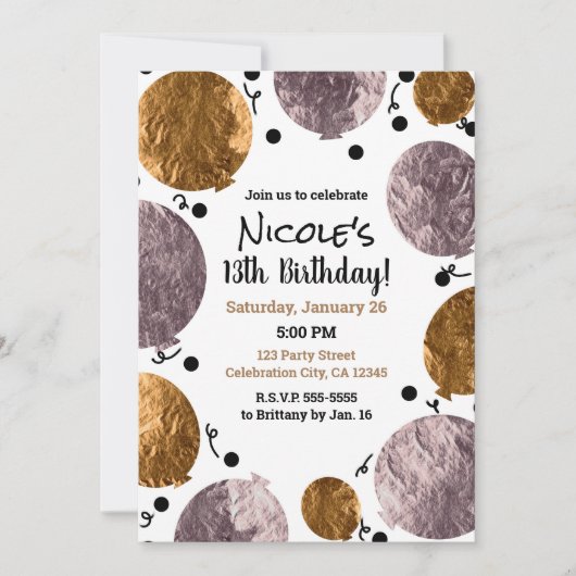 Metallische Glam Pink Rose Gold Balloons Geburtsta Einladung (Vorderseite)