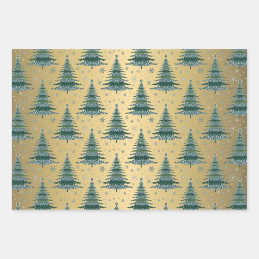 Metallische goldene Weihnachtsgrün Baummuster Geschenkpapier Set (Vorderseite 2)