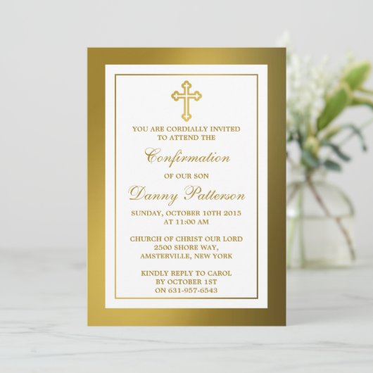 Metallische Goldkreuz-Heilige Kommunion oder Bestä Einladung (Stehend Vorderseite)