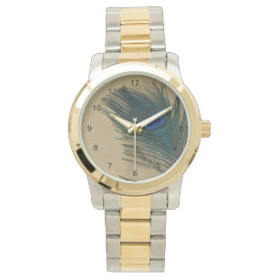 Metallische Goldpfau-Feder Armbanduhr