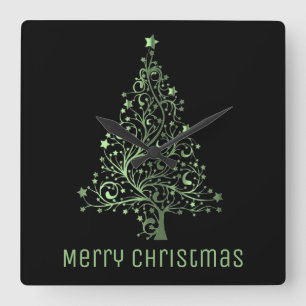 Metallische Grüne Sterne Weihnachtsbaum Elegantes  Quadratische Wanduhr