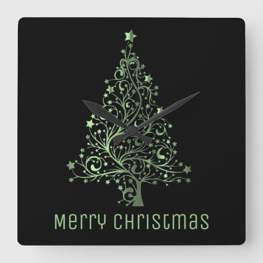Metallische Grüne Sterne Weihnachtsbaum Elegantes Quadratische Wanduhr (Vorderseite)