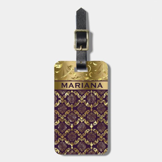 metallische Lila und goldene Damasken und Wirbel Gepäckanhänger (Vorderseite vertikal)