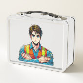 Metallische Lunchbox mit Manga-Sicherheitsfachmann (Rückseite)
