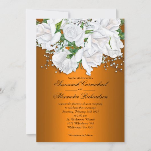 Metallische Orange und White Rose Bouquet Wedding Einladung (Vorderseite)