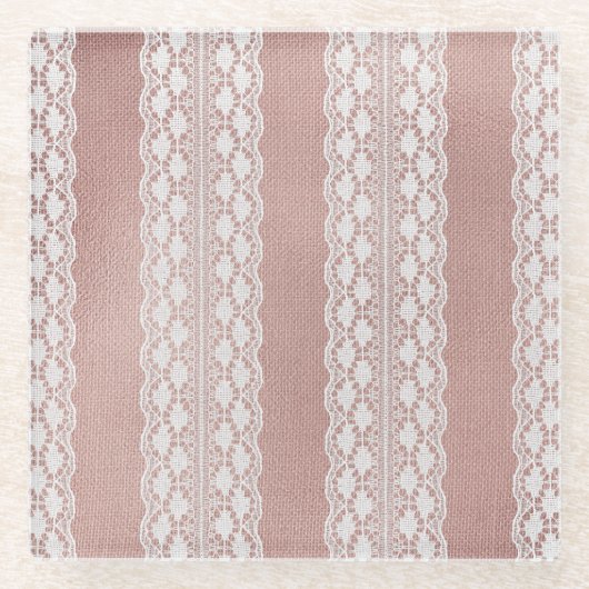Metallische Rose Gold, cremefarbene Spitzentextur. Glasuntersetzer (Vorderseite)