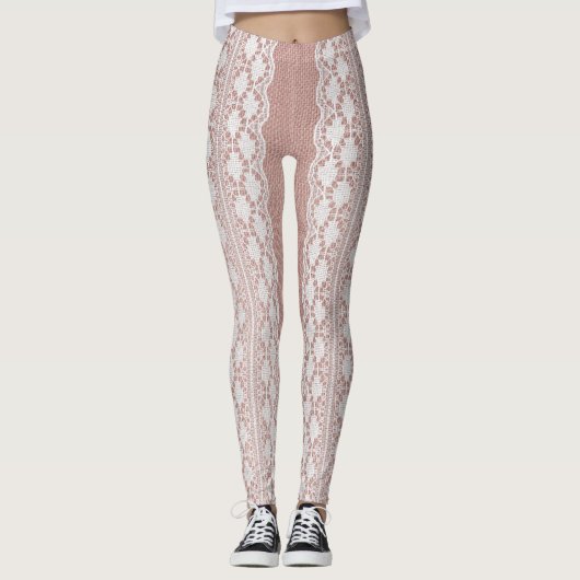 Metallische Rose Gold, cremefarbene Spitzentextur. Leggings (Vorderseite)