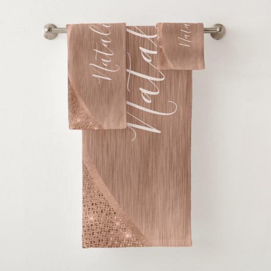 Metallische Rose Gold Glitzer Personalisiert Badhandtuch Set (Insitu)