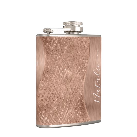 Metallische Rose Gold Glitzer Personalisiert Flachmann (Rechts)